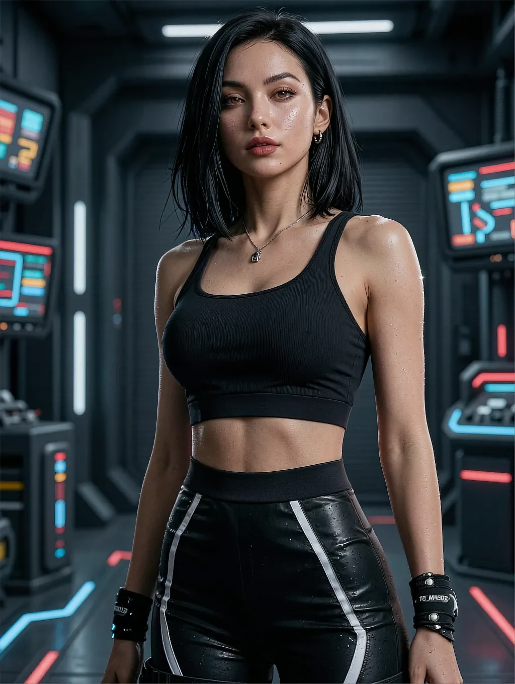 Fictional AI character in a hoodie lit by a monitor at night