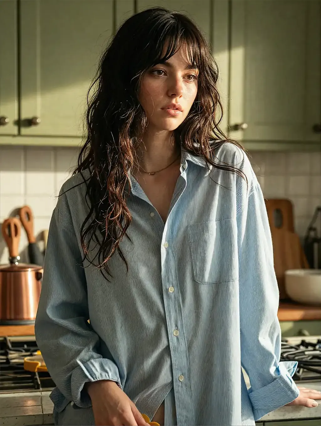 Fictional AI character featured on the third landing page, in warm light