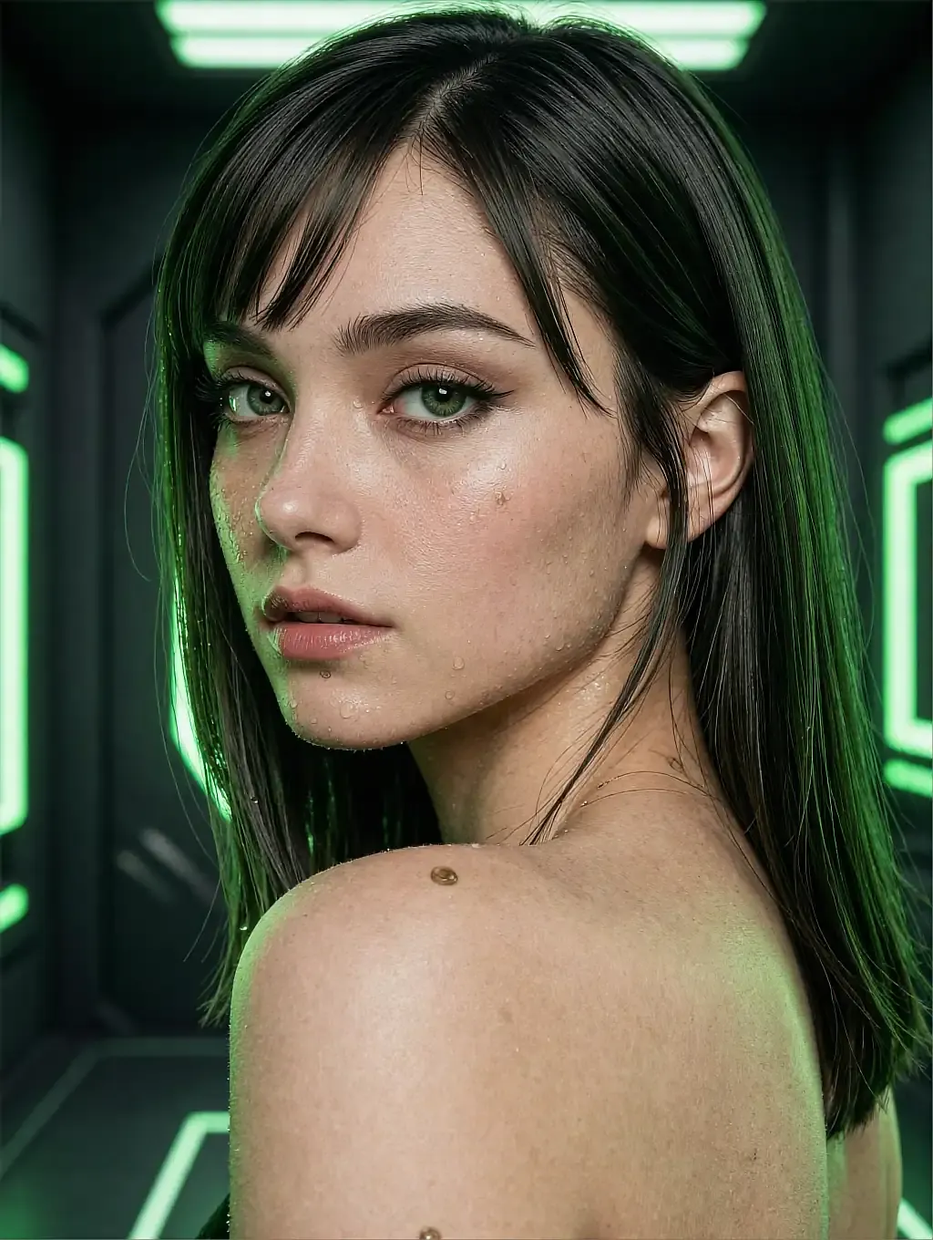 Fictional AI character featured on the fourth landing page, in a dim room