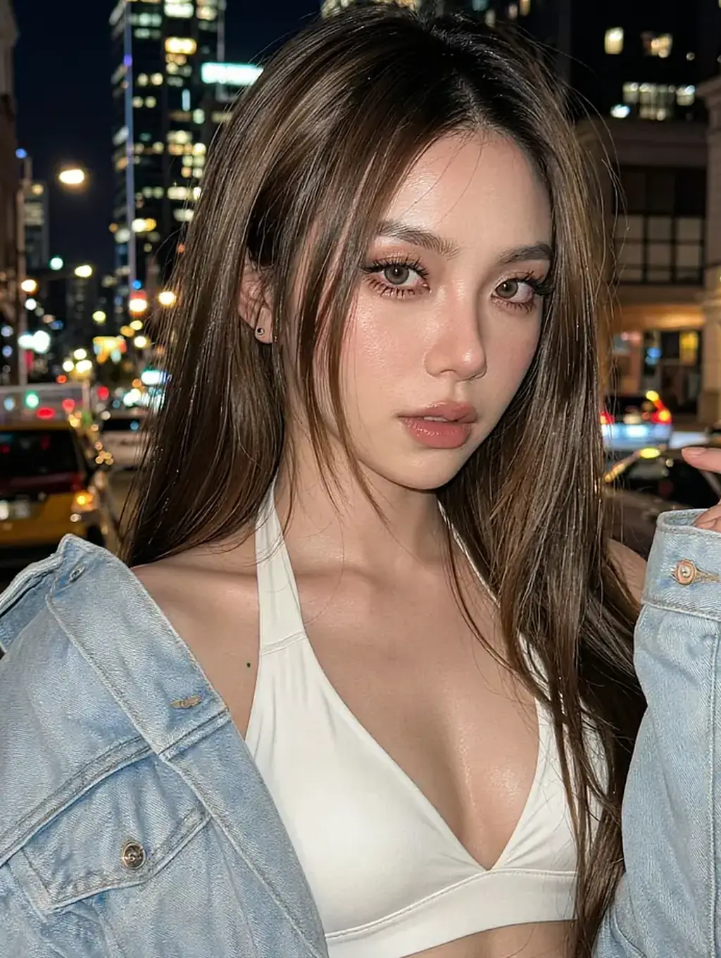 Fictional AI character featured on the fourth landing page, at night